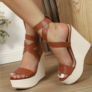 Women Buckle Decor Ankle Strap Sandals, Vacation Brown Wedge Sandals